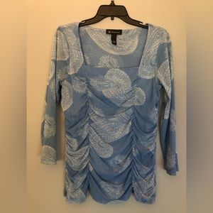 INC International Concepts Large Sheer Mesh 3/4 Sleeve Shirt Paisley Print Blue